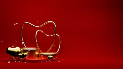 3D rendered red and gold valentine themed podium display featuring of confetti and love balloons for banner template