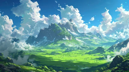Zelfklevend Fotobehang Beautiful Green Savanna or green field with sunny day anime background, cloud background landscape view with beautiful day sky on sunny weather flowers and mountains, beautiful panorama with surrealis © RIZKI MAULANA