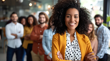 Professional team, with a woman in the foreground smiling confidently at the camera, arms crossed, and her team in the background.