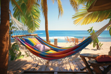 a beach with a hammock, with its colorful fabric creating a cozy atmosphere and inviting viewers to relax