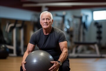 Fototapeta na wymiar Portrait of a serious old man doing medicine ball exercises in a gym. With generative AI technology