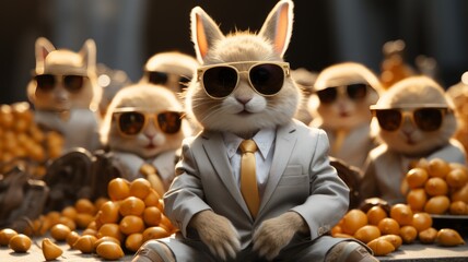 Cool Easter bunny in a business suit with Easter eggs - obrazy, fototapety, plakaty