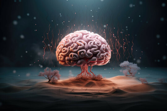 A detailed illustration of a brain with a mental health awareness logo