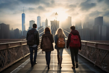 Friends walking on a bridge from behind
