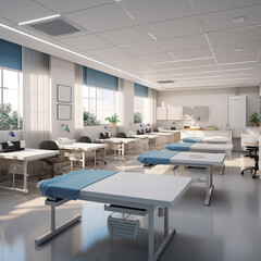 Fototapeta na wymiar Interior of emergency room in modern clinic with row of empty hospital beds, nurses station and various medical equipment. 3D illustration on health care theme from my own 3D rendering file