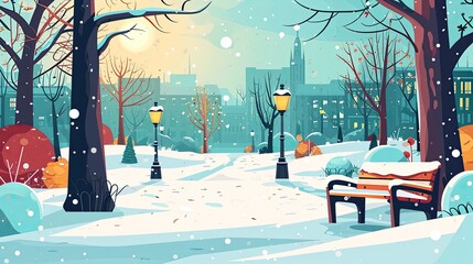 Cartoon winter park. A simple and whimsical illustration of a snowy park.