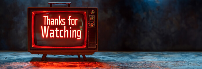 Tv screen with the text Thanks for watching. Animated trailer saying thank you for watching,Neon style in living room, perfect for intros, outros, countdowns, content, tech, slides, movies, 