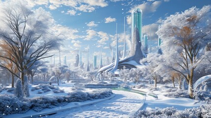 A city of the future. Winter wonderland in a recreational park. Futuristic park covered in snow