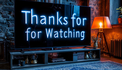 Tv screen with the text Thanks for watching. Animated trailer saying thank you for watching,Neon style in living room, perfect for intros, outros, countdowns, content, tech, slides, movies, 