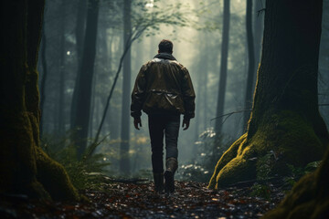Obraz premium Man walking through a forest