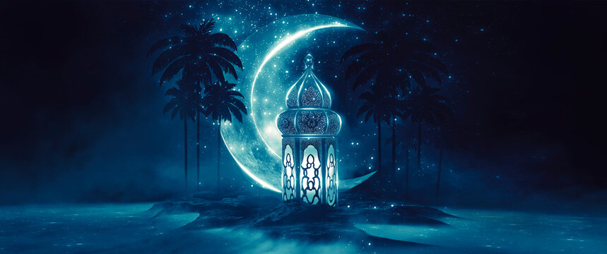 Fantasy night landscape with crescent moon, palm trees and arabic lantern of ramadan celebration background, neon. 