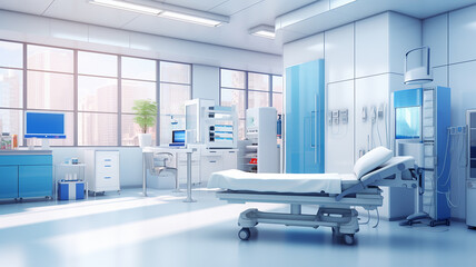 Fototapeta na wymiar Interior of emergency room in modern clinic with row of empty hospital beds, nurses station and various medical equipment. 3D illustration on health care theme from my own 3D rendering file