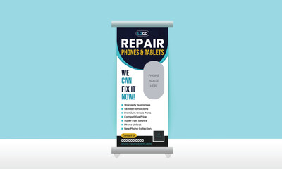 Modern rollup banner design template for repair phone, front, mobile shop, full editable, fix mobile, computer