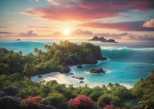 Realistic tropical island with waves and pink sky and sunset. Tropical sunset. Generative AI