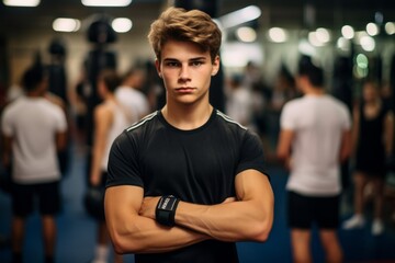 Portrait of a tired boy in his 20s doing a kickboxing class in a gym. With generative AI technology