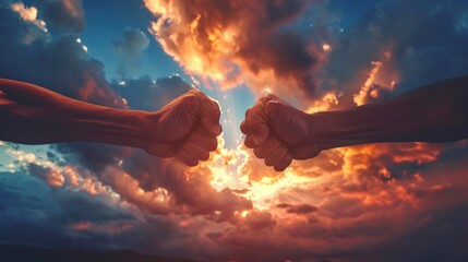 men bumping fists with sky background with clouds - obrazy, fototapety, plakaty