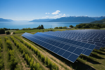 Solar Panels Amidst Orchard with Mountainous Backdrop
