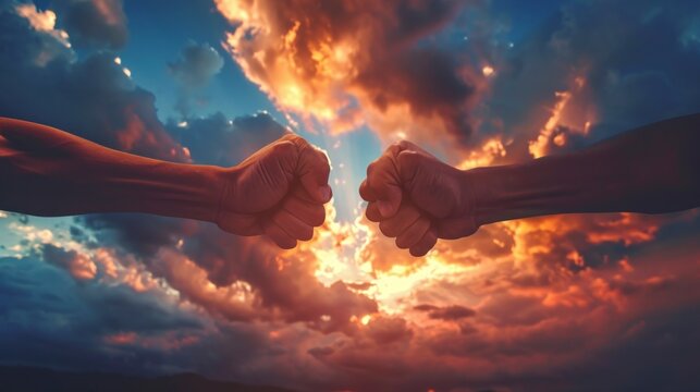 men bumping fists with sky background with clouds