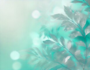 Fototapeta na wymiar Pastel mint green tropical jungle background with silver leaves. Copyspace, bokeh light. 
