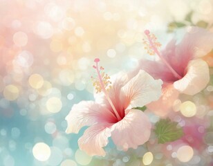 Pastel background with pink tropical hibiscus flowers. Copyspace, bokeh effect. 