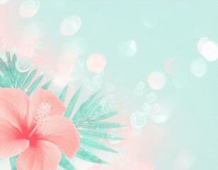 Pastel mint green background with tropical hibiscus flower. Copyspace, bokeh effect. 