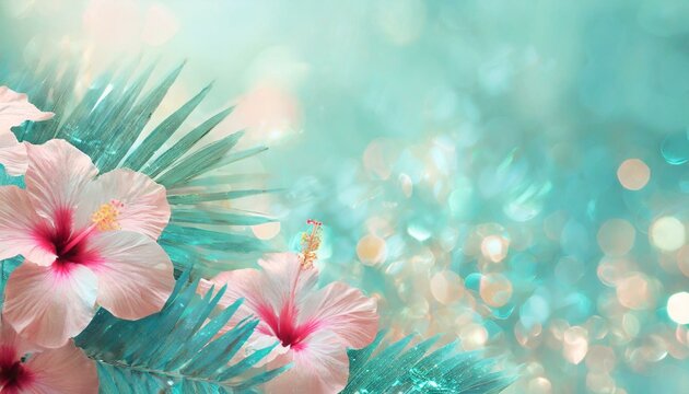 Pastel mint green background with tropical hibiscus flower and palm tree leaf. Copyspace, bokeh effect. 
