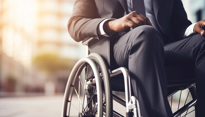 man in wheelchair with physical disability mobility disorder. concept of disability inclusion, insurance, equipment accessibility. banner with copy space - obrazy, fototapety, plakaty