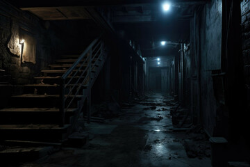 Creepy basement with flickering lights and strange noises. - obrazy, fototapety, plakaty
