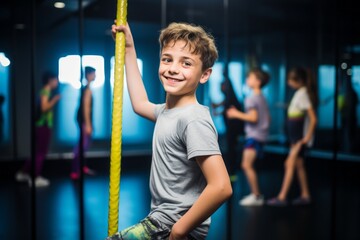 Portrait of a satisfied kid male practicing pole dance in a studio. With generative AI technology