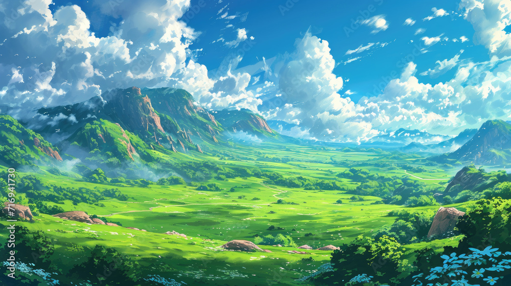 Wall mural Beautiful Green Savanna or green field with sunny day anime background, cloud background landscape view with beautiful day sky on sunny weather flowers and mountains, beautiful panorama with surrealis - Wall murals