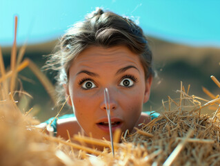 Surprised and satisfied face of a person partially visible behind a haystack, finding a needle. "it's harder than finding a needle in a haystack."