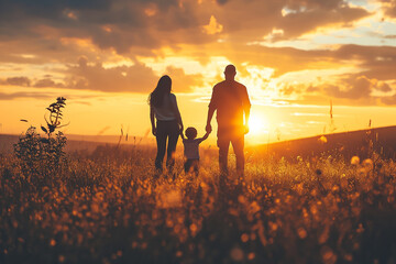 Silhouette photography of happy family standing on the field at the sunset time  - obrazy, fototapety, plakaty