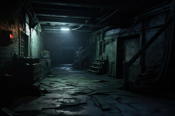 Dark and creepy basement with flickering lights and mysterious shadows