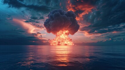 huge explosion of a nuclear bomb in the sea with gray smoke all over the sky, full of pollution. nuclear war concept - obrazy, fototapety, plakaty