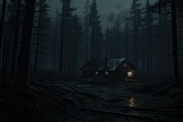 Dark and ominous forest with mysterious cabin in the distance