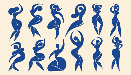 Abstract female silhouettes. Minimalist female figures, trendy dancing women shapes for fashion design and wall art decor. Vector set