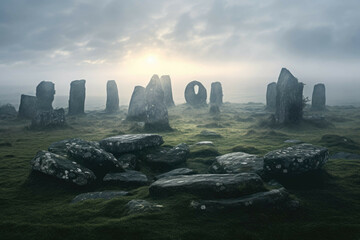 Mysterious stone circle in misty moor - obrazy, fototapety, plakaty