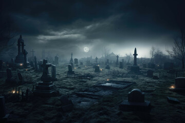 Spooky graveyard with misty atmosphere - obrazy, fototapety, plakaty