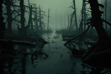 Mysterious swamp with twisted trees