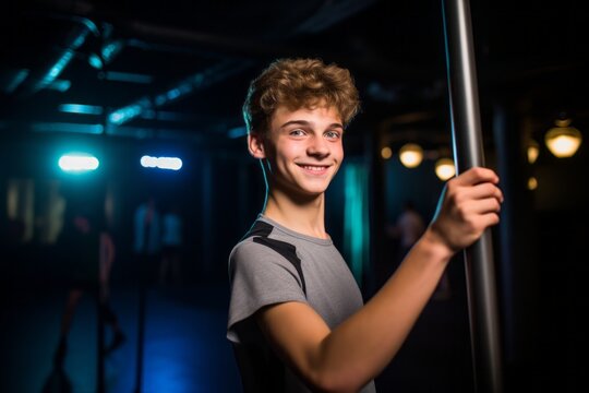 Portrait of a satisfied boy in his 20s practicing pole dance in a studio. With generative AI technology