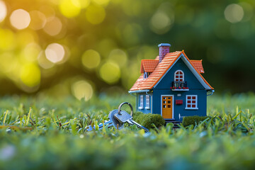 Small model home on green grass with sunlight abstract background 