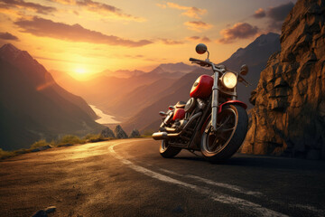 Mountain road with vintage motorcycle and sunset