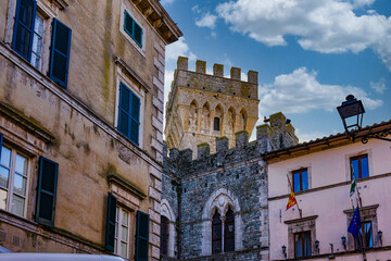 City panorama of the tower and town hall of the town of San Casciano dei Bagni Siena Tuscany Italy