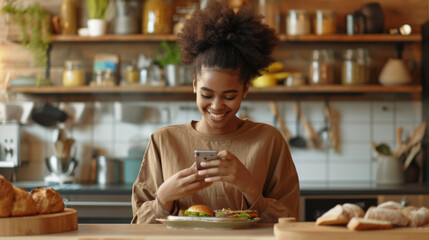Fototapeta na wymiar young woman with a high puff hairstyle is smiling down at her smartphone, seated at a table with a sandwich on a plate in front of her
