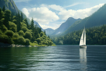Small sailboat in serene lake - obrazy, fototapety, plakaty
