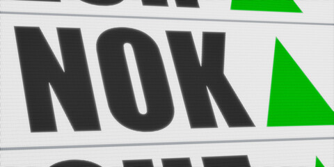 Norwegian krone currency symbol and green arrow, rising NOK. Currency exchange, trading, global business.