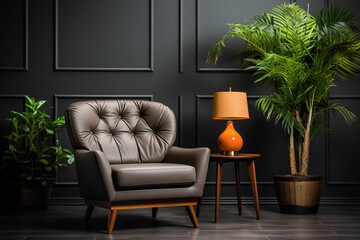 Experience tranquility in the presence of a dark color single sofa chair, accompanied by a cute little plant, against a serene solid wall with a blank empty frame for your custom text.