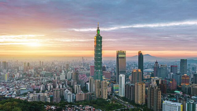 Taipei skyline panorama with view of Taipei 101 beautiful Taipei sunset, Taiwan city business skyline and skyscrapers, skyscrapers and other modern buildings of the city.
