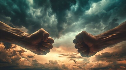 men bumping fists with the sky with clouds in a beautiful sunset in high definition - obrazy, fototapety, plakaty