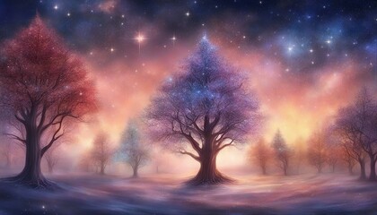 Fototapeta na wymiar sunrise in the woods A magical Christmas with a row of trees and a starry sky. The trees are enchanted and alive 